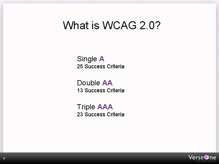 What is WCAG 2. 0? Single A 25 Success Criteria Double AA 13 Success