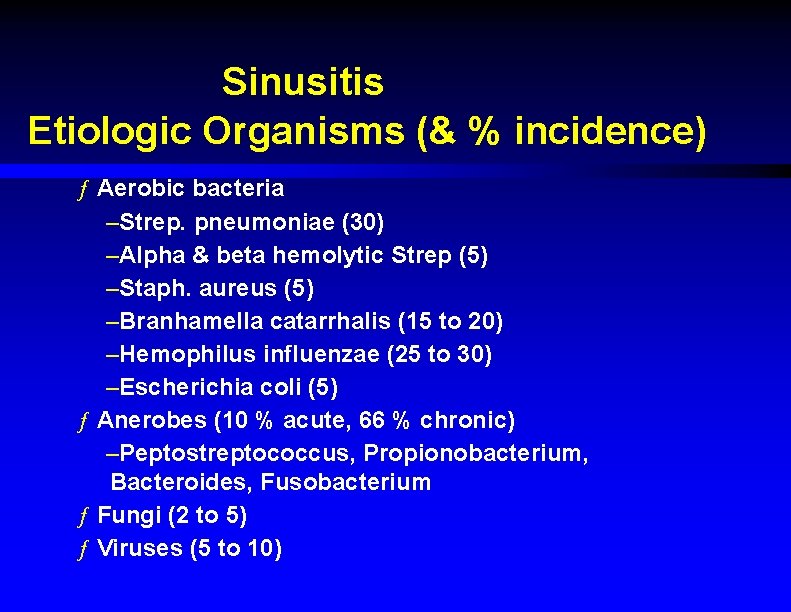 Sinusitis Etiologic Organisms (& % incidence) ƒ Aerobic bacteria –Strep. pneumoniae (30) –Alpha &