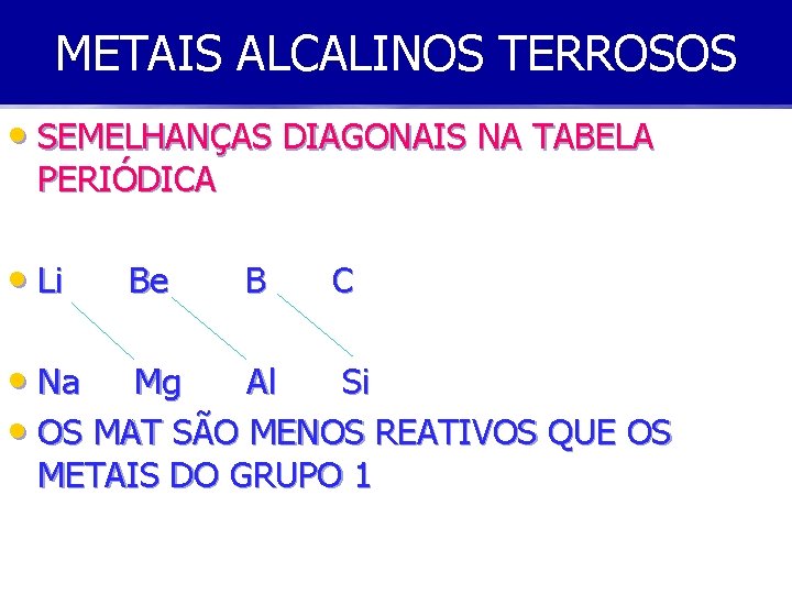 METAIS ALCALINOS TERROSOS • SEMELHANÇAS DIAGONAIS NA TABELA PERIÓDICA • Li Be B C