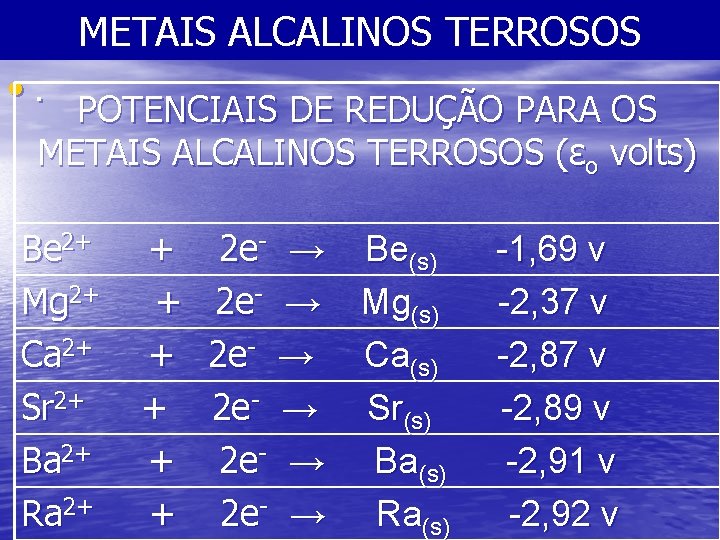 METAIS ALCALINOS TERROSOS • . POTENCIAIS DE REDUÇÃO PARA OS METAIS ALCALINOS TERROSOS (εo