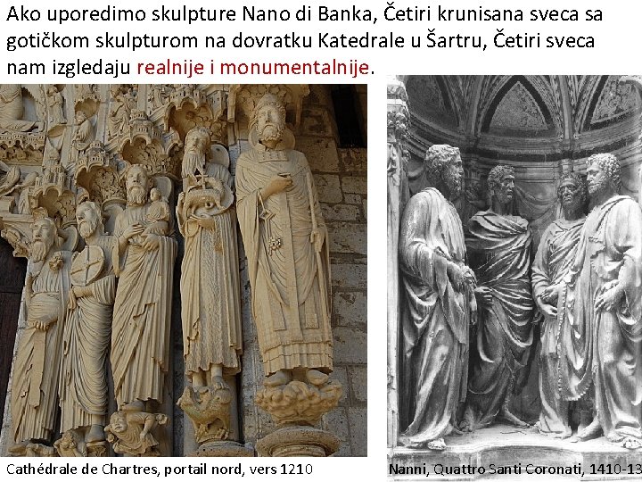 Ako uporedimo skulpture Nano di Banka, Četiri krunisana sveca sa gotičkom skulpturom na dovratku Ako uporedimo skulpture Nano di Banka, Četiri krunisana sveca sa gotičkom skulpturom na dovratku