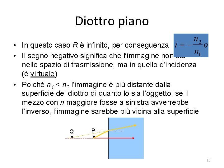 Diottro piano • In questo caso R è infinito, per conseguenza • Il segno