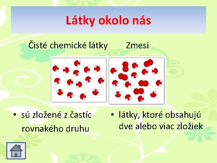 Látky okolo nás Čisté chemické látky Zmesi • sú zložené z častíc rovnakého druhu Látky okolo nás Čisté chemické látky Zmesi • sú zložené z častíc rovnakého druhu