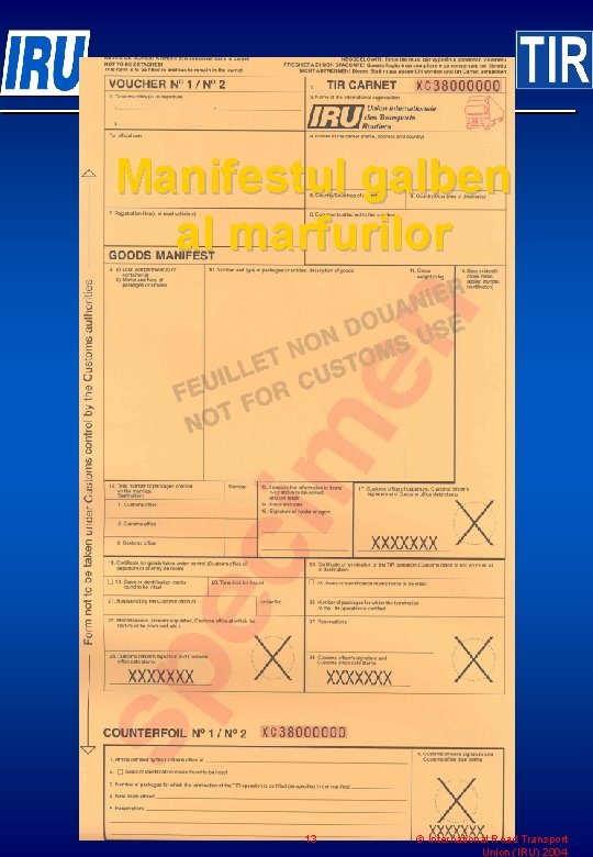 Manifestul galben al marfurilor 13 © International Road Transport Union (IRU) 2004 