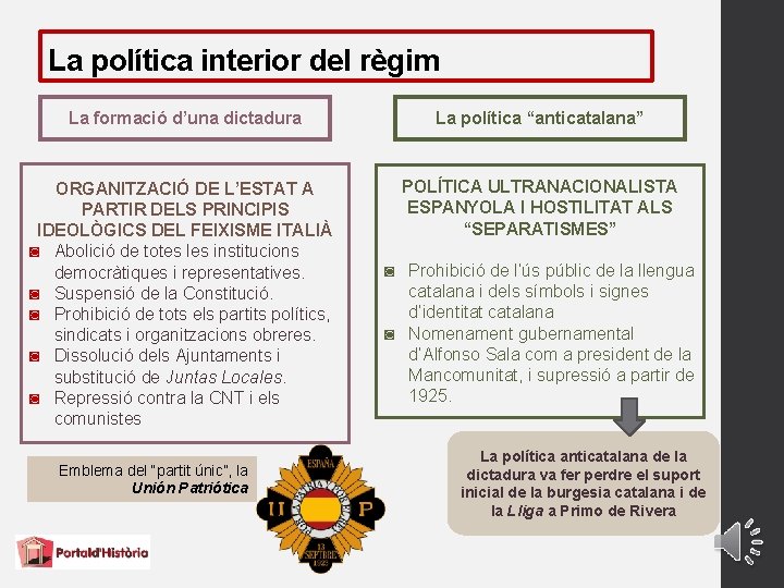 La política interior del règim La formació d’una dictadura La política “anticatalana” ORGANITZACIÓ DE