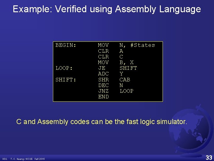 Example: Verified using Assembly Language BEGIN: LOOP: SHIFT: MOV CLR MOV JE ADC SHR