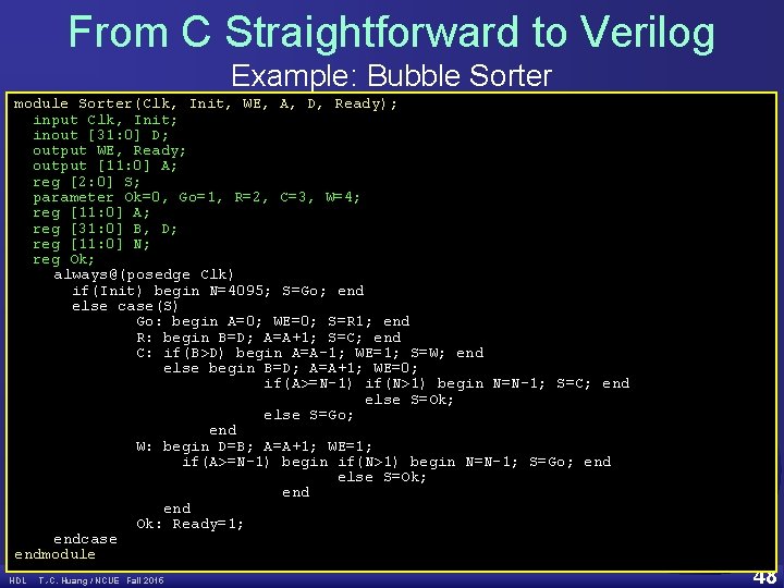 From C Straightforward to Verilog Example: Bubble Sorter module Sorter(Clk, Init, WE, A, D,