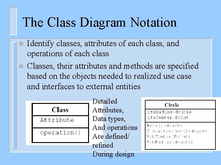 The Class Diagram Notation n n Identify classes, attributes of each class, and operations