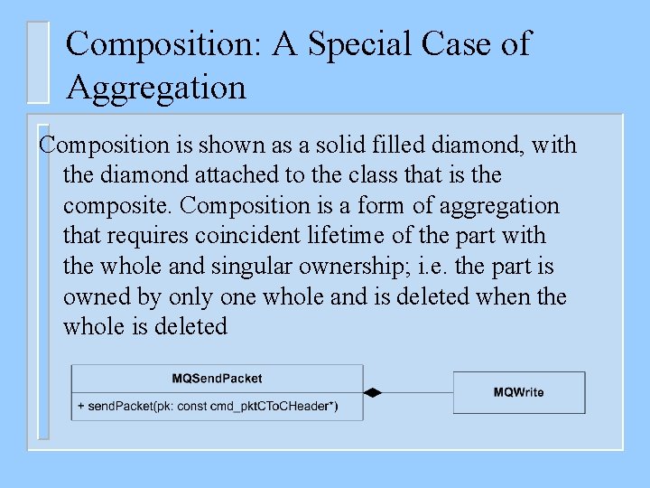 Composition: A Special Case of Aggregation Composition is shown as a solid filled diamond,