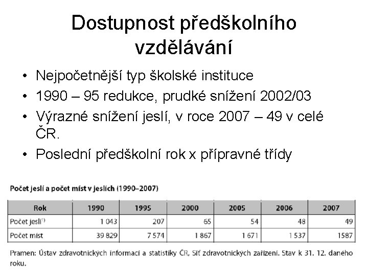 Dostupnost předškolního vzdělávání • Nejpočetnější typ školské instituce • 1990 – 95 redukce, prudké