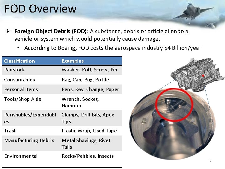 FOD Overview Ø Foreign Object Debris (FOD): A substance, debris or article alien to