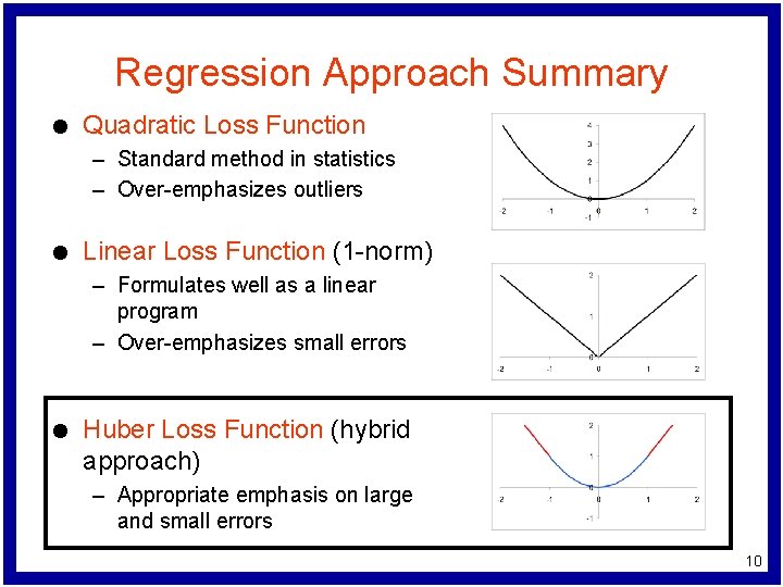 Regression Approach Summary l Quadratic Loss Function – Standard method in statistics – Over-emphasizes