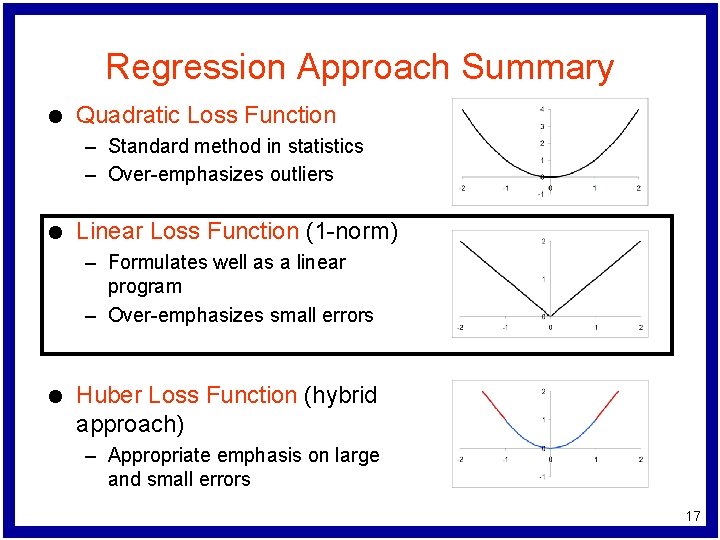 Regression Approach Summary l Quadratic Loss Function – Standard method in statistics – Over-emphasizes