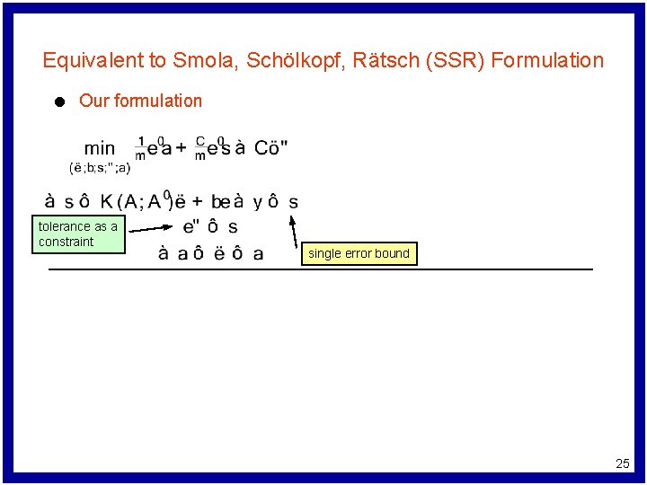 Equivalent to Smola, Schölkopf, Rätsch (SSR) Formulation l Our formulation tolerance as a constraint