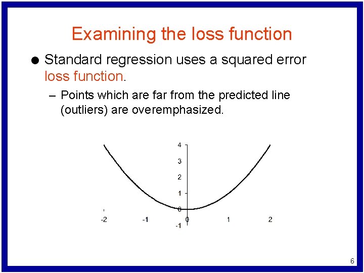 Examining the loss function l Standard regression uses a squared error loss function. –