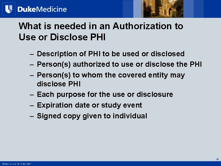 What is needed in an Authorization to Use or Disclose PHI – Description of