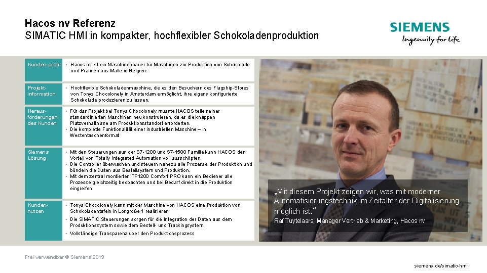 Hacos nv Referenz SIMATIC HMI in kompakter, hochflexibler Schokoladenproduktion Kunden-profil • Hacos nv ist