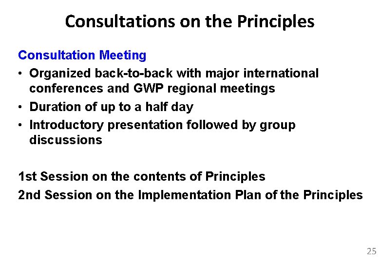 Consultations on the Principles Consultation Meeting • Organized back-to-back with major international conferences and