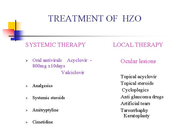TREATMENT OF HZO SYSTEMIC THERAPY Ø Oral antivirals Acyclovir 800 mg x 10 days TREATMENT OF HZO SYSTEMIC THERAPY Ø Oral antivirals Acyclovir 800 mg x 10 days