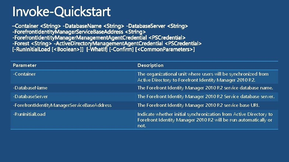 Parameter Description -Container The organizational unit where users will be synchronized from Active Directory