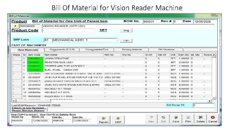 Bill Of Material for Vision Reader Machine 