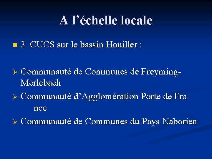 A l’échelle locale n 3 CUCS sur le bassin Houiller : Communauté de Communes