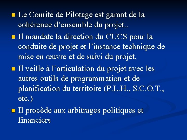 Le Comité de Pilotage est garant de la cohérence d’ensemble du projet. . n