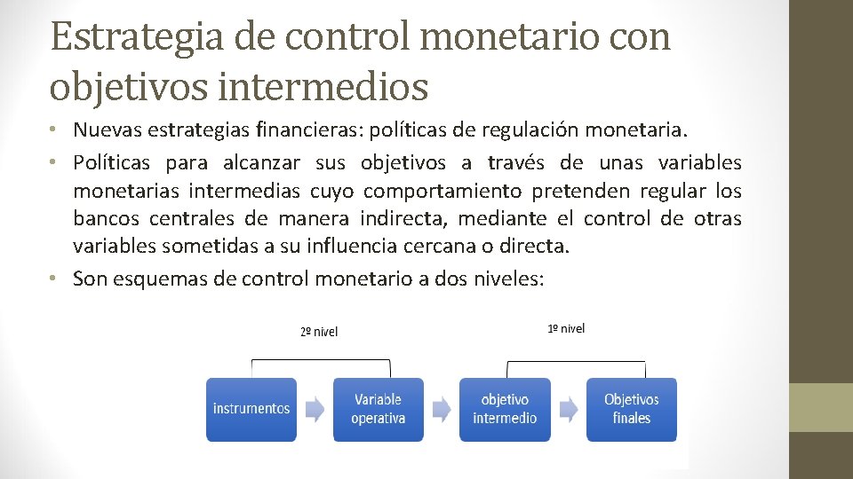 Estrategia de control monetario con objetivos intermedios • Nuevas estrategias financieras: políticas de regulación