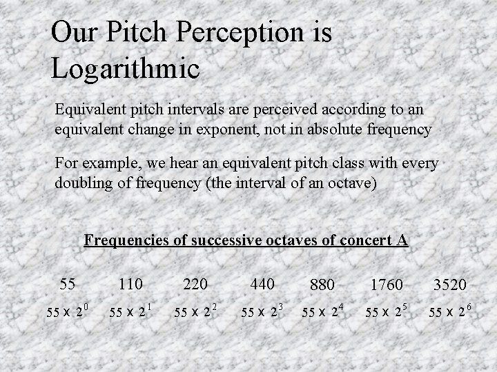 Our Pitch Perception is Logarithmic Equivalent pitch intervals are perceived according to an equivalent
