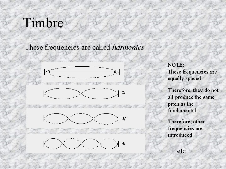 Timbre These frequencies are called harmonics NOTE: These frequencies are equally spaced Therefore, they