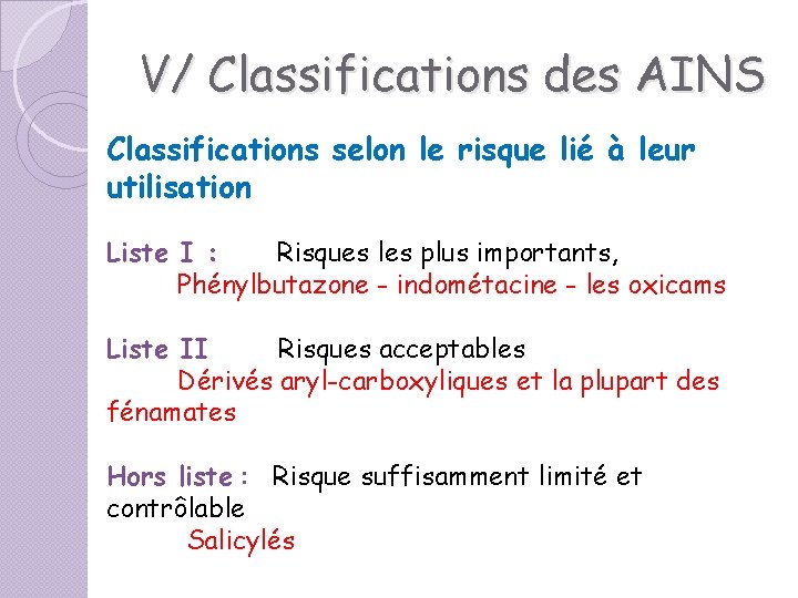 V/ Classifications des AINS Classifications selon le risque lié à leur utilisation Liste I V/ Classifications des AINS Classifications selon le risque lié à leur utilisation Liste I