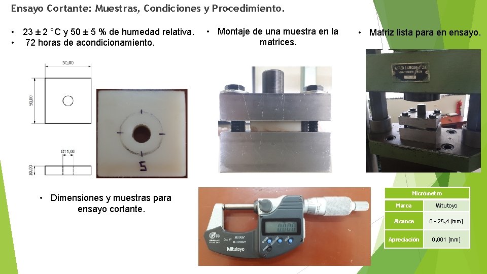 Ensayo Cortante: Muestras, Condiciones y Procedimiento. • 23 ± 2 °C y 50 ±