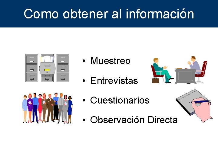 Como obtener al información • Muestreo • Entrevistas • Cuestionarios • Observación Directa 