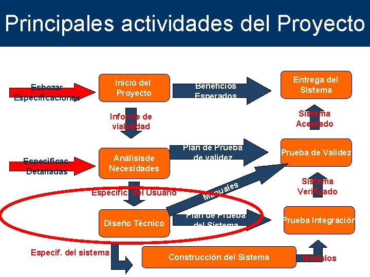 Principales actividades del Proyecto Inicio del Proyecto Esbozar Especificaciones Beneficios Esperados Sistema Aceptado Informe