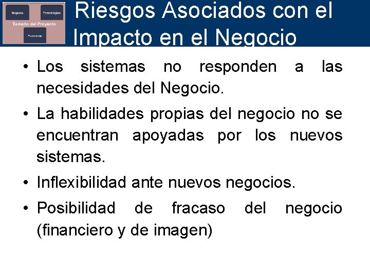 Riesgos Asociados con el Impacto en el Negocio • Los sistemas no responden necesidades