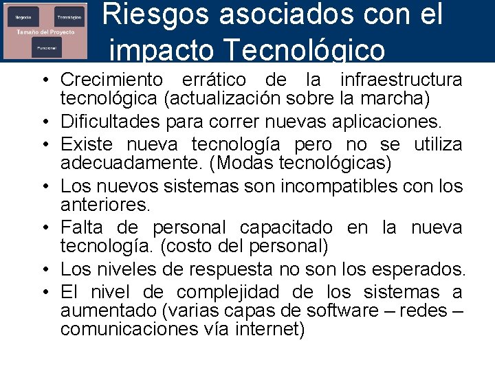 Riesgos asociados con el impacto Tecnológico • Crecimiento errático de la infraestructura tecnológica (actualización