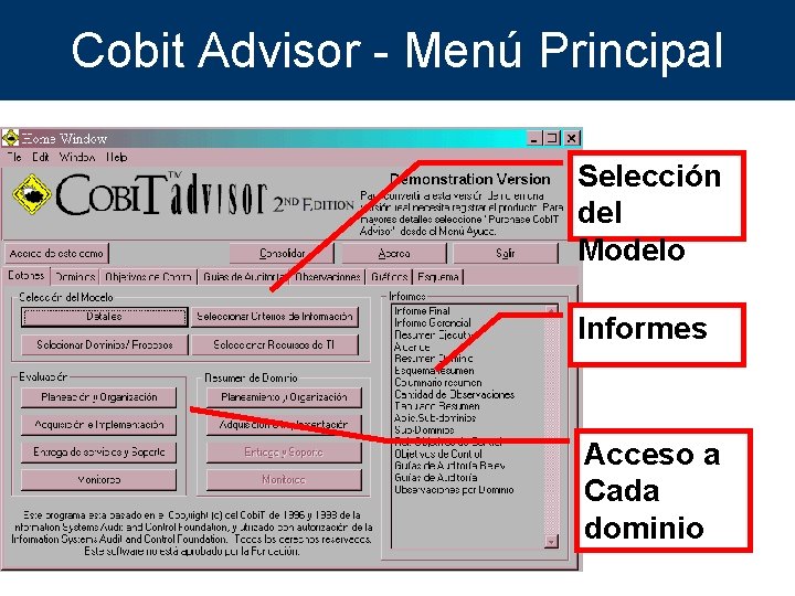 Cobit Advisor - Menú Principal Selección del Modelo Informes Acceso a Cada dominio 