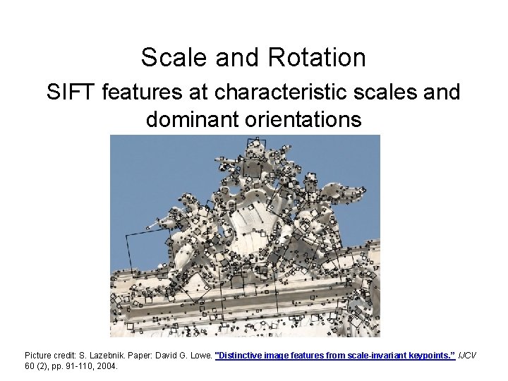 Scale and Rotation SIFT features at characteristic scales and dominant orientations Picture credit: S. Scale and Rotation SIFT features at characteristic scales and dominant orientations Picture credit: S.