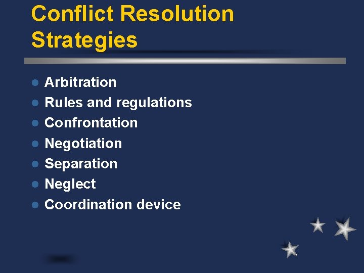 Conflict Resolution Strategies l l l l Arbitration Rules and regulations Confrontation Negotiation Separation