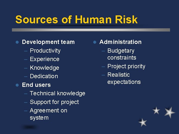 Sources of Human Risk Development team – Productivity – Experience – Knowledge – Dedication