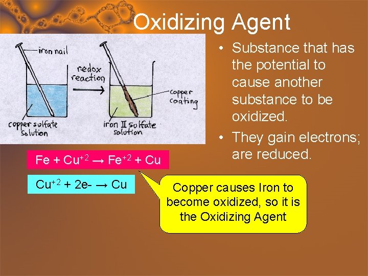 Oxidizing Agent Fe + Cu+2 → Fe+2 + Cu Cu+2 + 2 e- →