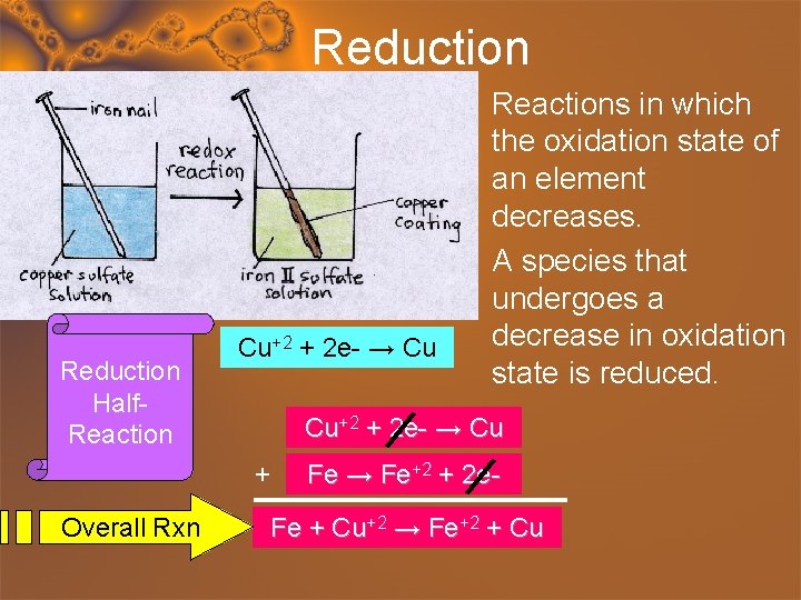 Reduction Half. Reaction • Reactions in which the oxidation state of an element decreases.