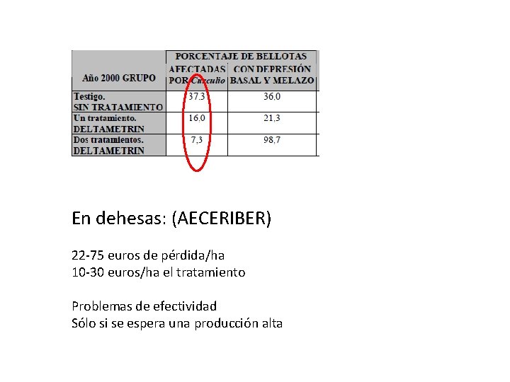 En dehesas: (AECERIBER) 22 -75 euros de pérdida/ha 10 -30 euros/ha el tratamiento Problemas