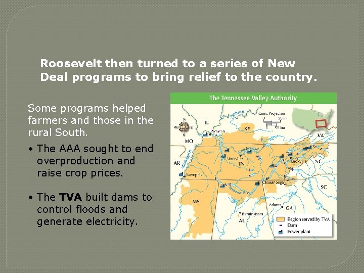 Roosevelt then turned to a series of New Deal programs to bring relief to