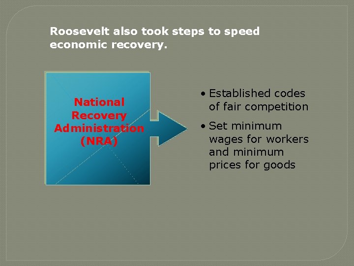 Roosevelt also took steps to speed economic recovery. National Recovery Administration (NRA) • Established