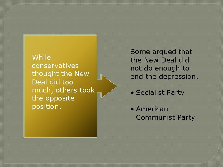 While conservatives thought the New Deal did too much, others took the opposite position.