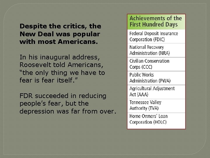 Despite the critics, the New Deal was popular with most Americans. In his inaugural