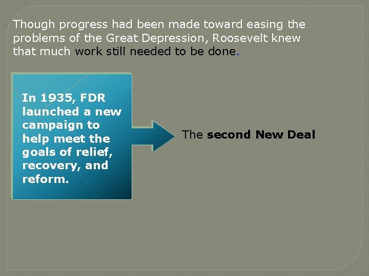 Though progress had been made toward easing the problems of the Great Depression, Roosevelt