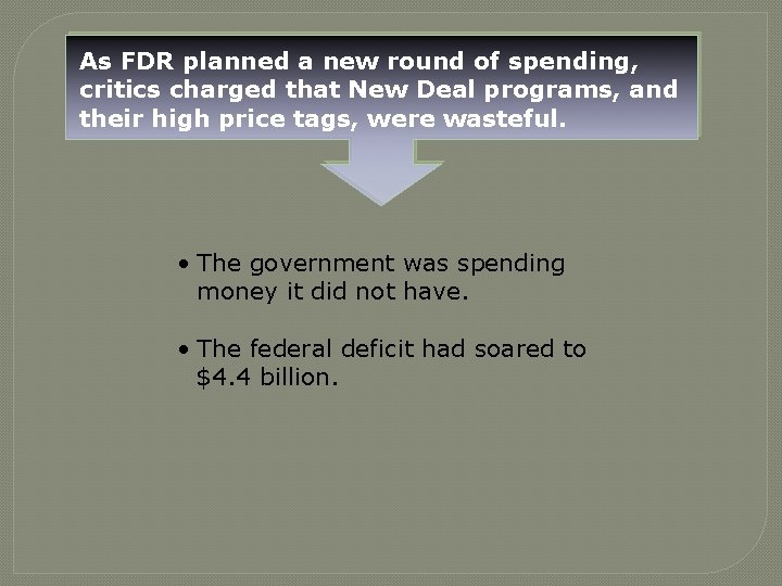 As FDR planned a new round of spending, critics charged that New Deal programs,