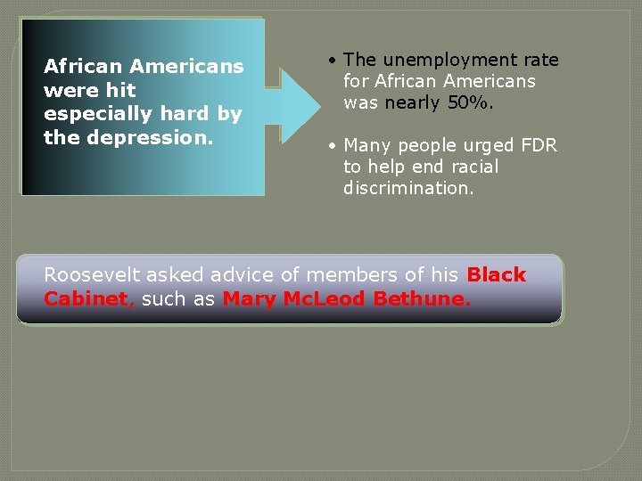 African Americans were hit especially hard by the depression. • The unemployment rate for